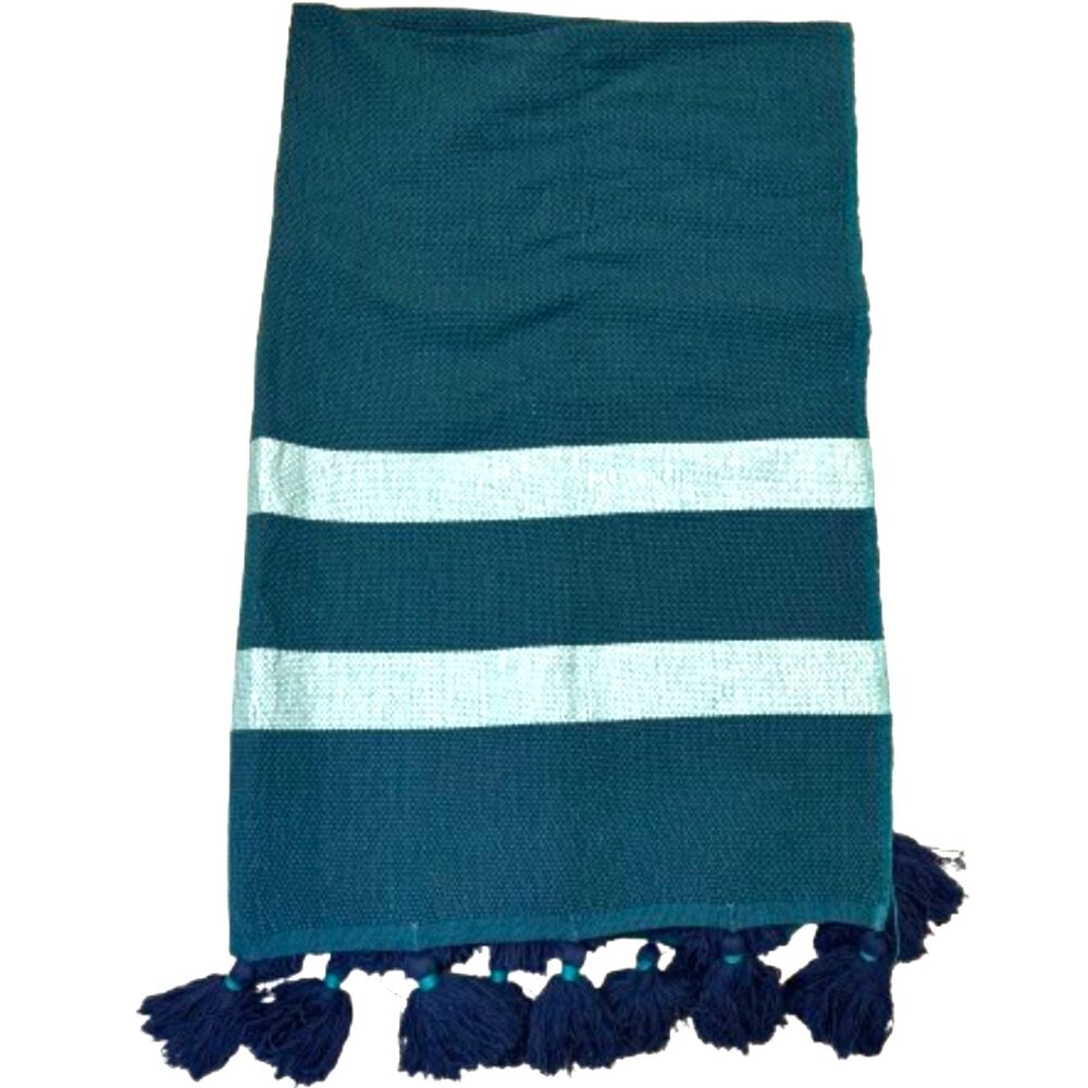 CB2 x Ross Cassidy Umi Teal Striped Throw Blanket Tassels Rare/Discontinued